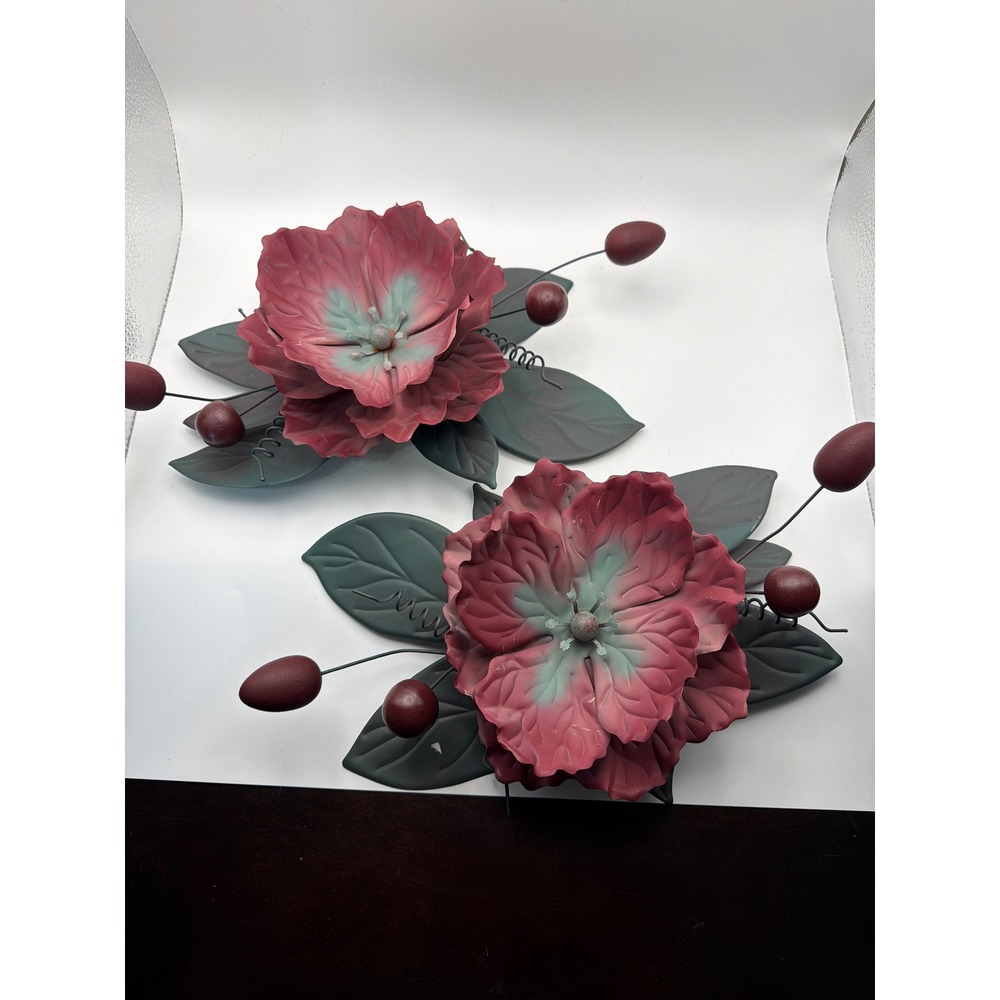 Vintage Metal Flower Wall Sconce Pair Dusty Rose Sage Green Floral Decor Set 2